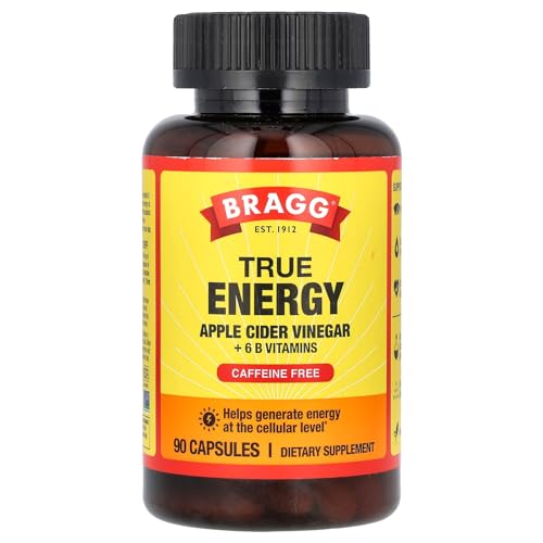 Bragg Apple Cider Vinegar True Energy Capsules – 6 B Vitamins – Caffeine Free - 750mg of Acetic Acid – Weight Management - Non-GMO, Vegan, Gluten Free, No Sugar - (90 Pills) (1)