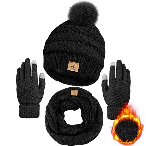 Winter Beanie Hat Scarf Gloves Set, Soft Fleece Knit Hat Warm Touchscreen Gloves Neck Warmer Thick Scarves Gifts for Women