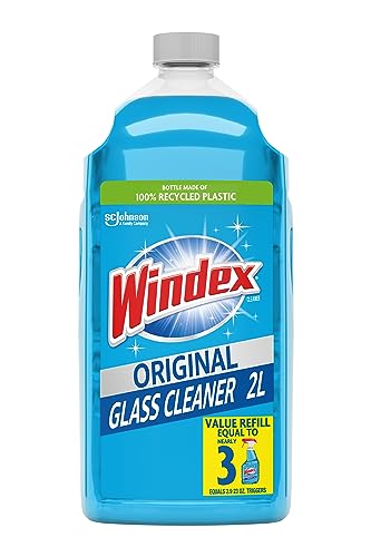 Windex Glass Cleaner Spray Refill, Original Blue Window Cleaner Works on Smudges and Fingerprints, Bottle Made from 100% Ocean Bound Plastic, 2L