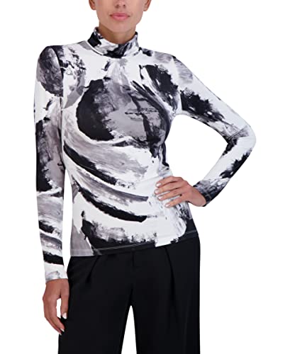 BCBGMAXAZRIA Women's Fitted Long Sleeve Turtleneck Top, Black/White, Medium