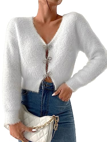Verdusa Women's Rhinestone Bow Fuzzy Long Sleeve V Neck Crop Cardigan Sweater White M