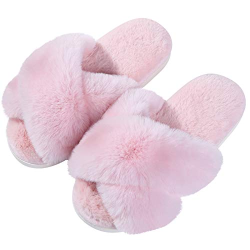 Evshine Women's Fuzzy Slippers Cross Band Memory Foam House Slippers Open Toe, Pink, Size 7-8