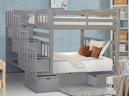 Bedz King Tall Stairway Bunk Beds Twin over Twin with 4 Drawers in the Steps and 2 Under Bed Drawers, Gray