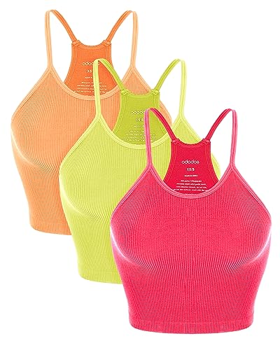 ODODOS Women's Crop 3-Pack Washed Seamless Rib-Knit Camisole Crop Tank Tops, Neon Pink Green Orange, X-Small/Small