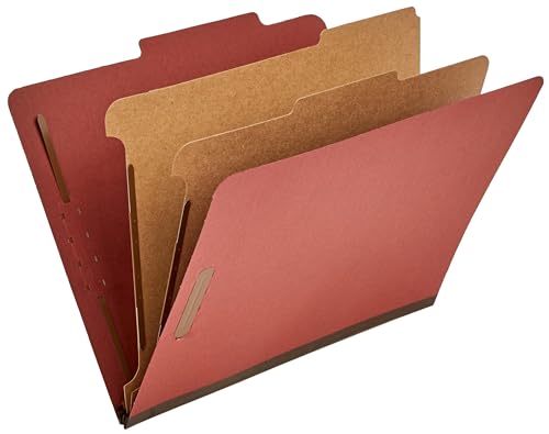 Amazon Basics Letter Size Pressboard Classification File Folder with Fasteners, 2 Dividers, 2-Inch Expansion, Red - Pack of 10