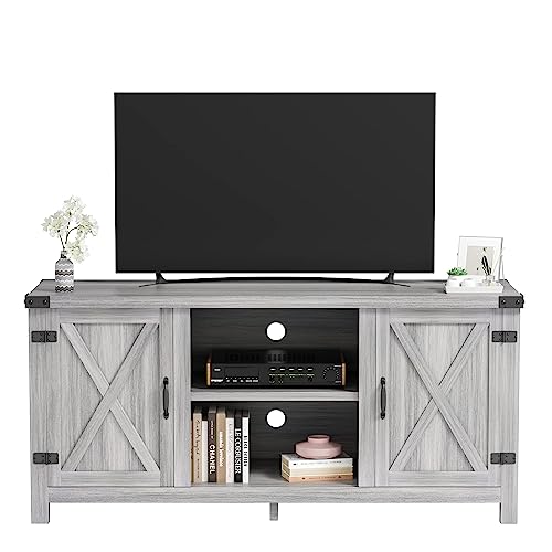 JUMMICO TV Stand for 65 Inch TV Farmhouse Entertainment Center with Double Barn Doors and Storage Cabinets, Console TV Table Media for Living Room, Bedroom (Grey, Without Fireplace)