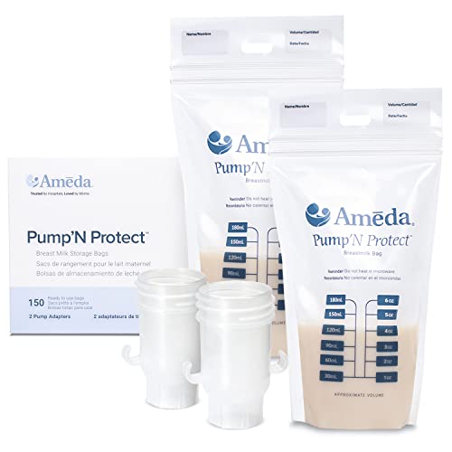 Ameda Pump'N Protect Breastmilk Storage Bag 6oz, 150pc, Baby Essentials, Breastfeeding Supplies, Resealable Breast Milk Storage Bags for Refrigerator or Freezer, BPA Free, Includes 2 Bag Adapters