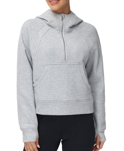 THE GYM PEOPLE Women’s Hoodies Half Zip Long Sleeve Fleece Crop Pullover Sweatshirts with Pockets Thumb Hole Grey