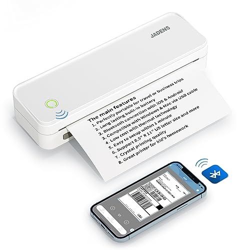 JADENS Portable Printers Wireless for Travel, Support 8.5' X 11' US Letter, Bluetooth Thermal Printer Compatible with iOS, Android & Laptop, Inkless Mobile Printer for Office, Home, School