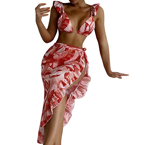 Bikini Sets for Women, Women's 3 Piece Swimsuit High Waisted Bikini Bathing Suit Beachwear with Beach Skirt Vintage Retro V Neck Swimwear High Waisted Bikini Spaghetti Strap Top Thong