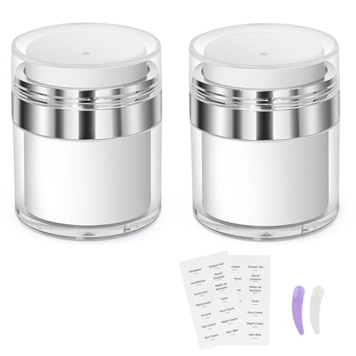 2 Pack 1.7 Oz Airless Pump Jars, Empty Acrylic Cosmetic Travel Containers Refillable Vacuum Jars Bottles for Lotions And Creams with lid, Leak Proof BPA FREE, TSA Approved, White, 50ml (1.7 oz / 50ml)