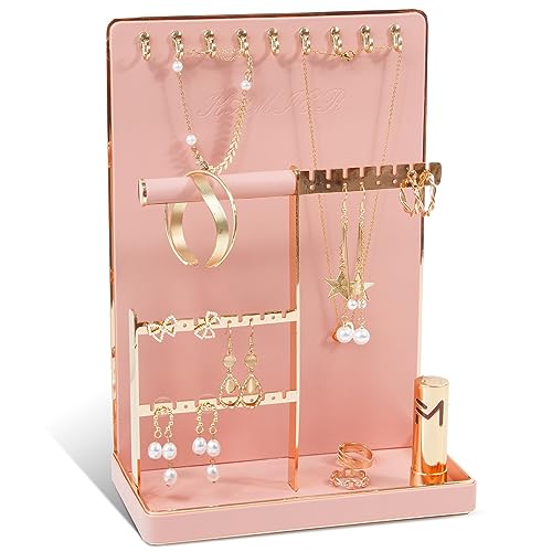 KAMIER Jewelry Holder Organizer Jewelry Stand, 4-Tier Cute Jewelry Rack Display Tower Necklace Stand with 10 Hooks, Aesthetic Jewelry Tree Bracelet Watch Holder with 16 Earring Holders,Pink