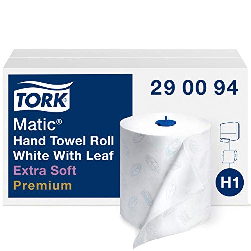 Tork Matic Extra Soft Paper Hand Towel Roll White with Blue Leaf H1, Premium, High Absorbency, 6 Rolls x 300 ft, 290094