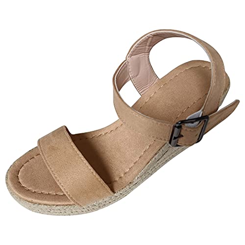 Shengsospp Women Weaving Espadrille Strappy Slingback Wedges Sandal Fashion Summer T-Strap Orthotic Casual Comfort Elastic Strap Brown, 9