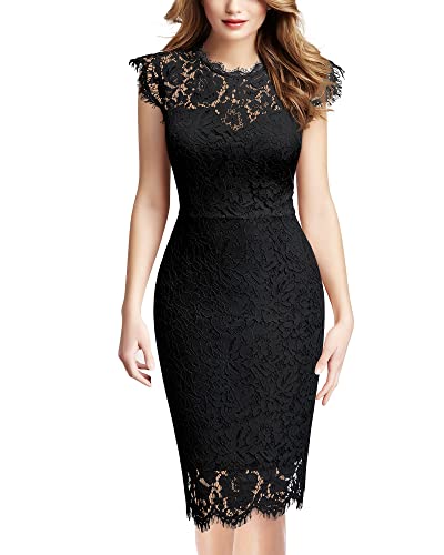 Miusol Women's Retro Floral Lace Slim Evening Cocktail Mini Dress (Medium, Black)