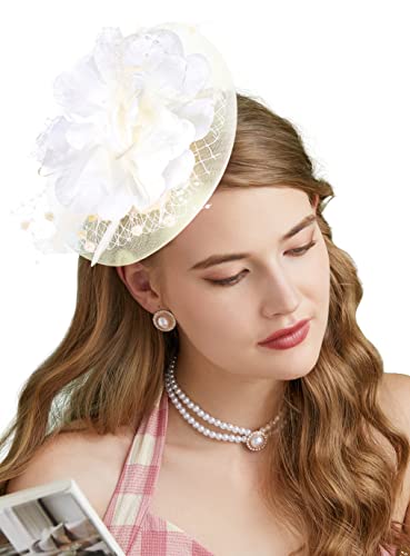 Fascinators Hats for Womens 50s Headwear with Veil Flower Cocktail Wedding Tea Party Church Derby Hat (1-4-ivory)