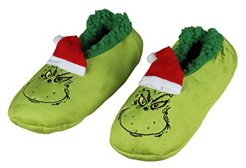 Bioworld Dr. Seuss The Grinch That Stole Christmas Slippers Santa Grinch Slipper Socks with No-Slip Sole For Women Men (Medium)