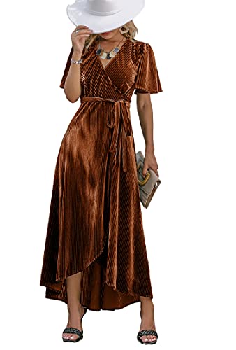 BerryGo Women's 2023 Fall Velvet Wrap Dresses Long Maxi Dress for Wedding Guest Vestidos Elegantes De Mujer para Fiesta Burnt Orange M