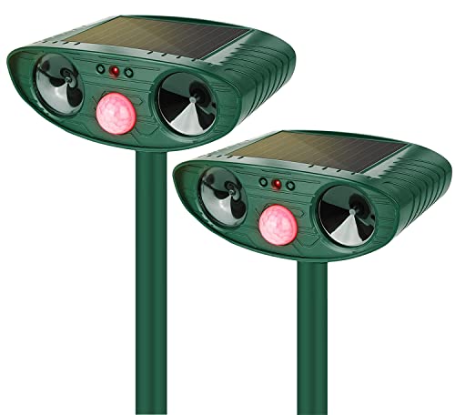 2 Pack 2024 Solar Ultrasonic in Repellent Defender Rat, Squirrel, Deer, Raccoon, Skunk, Rabbit, Mole, Dog, Cat, Waterproof with Motion Detector