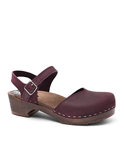 Sandgrens Swedish Wooden Low Heel Clog Sandals for Women, US 8-8.5 | Saragasso Plum DK, EU 39