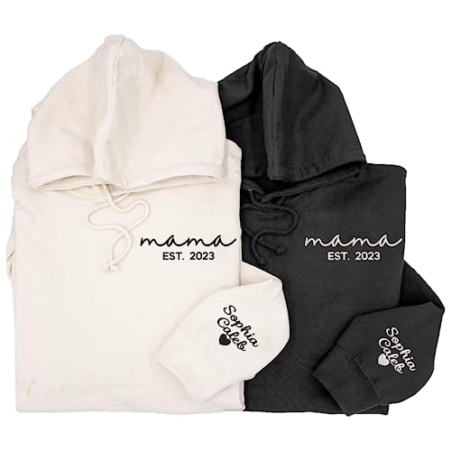 Givesmiles Custom Embroidered Mama Sweatshirt and Hoodie, Mama Est 2023 Sweatshirt, Custom Embroidered Sweatshirt for Mom, Embroidered Custom Name Mom On Sleeve, Christmas Hoodie, Gifts for Mom