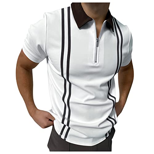 Men's Classic Short Sleeve Polo Shirt Zip Up Casual Summer Slim Fit T-Shirts Striped Graphic Printed Tops Beach Tees White