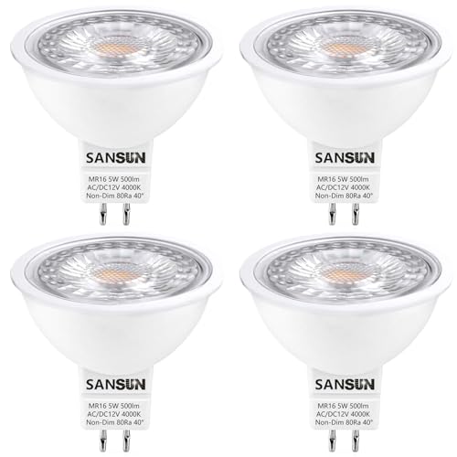 SANSUN 5W MR16 LED Bulbs, 12V 50W Replacement, GU5.3 Bi-Pin Base, Daylight White 4000K, Non-Dimmable, (Pack of 4)