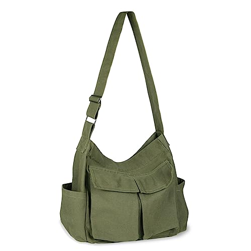 Canvas Messenger Bag, Multi-pockets Bag Casual Canvas Tote Bag for College Large Crossbody Shoulder Bag for Women and Men