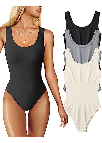 OQQ Women's 3 Piece Bodysuits Sexy Sleeveless Round Neck Shapewear Tank Tops Bodysuits Black Grey Beige
