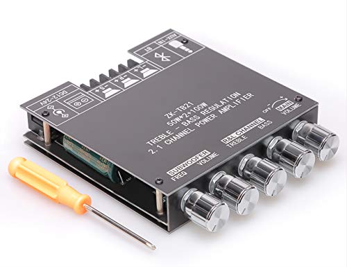 DAMGOO 50W+50W+100W 2.1 Channel Subwoofer Amplifier Board with Treble and Bass Control, Dual TPA3116 Chip, DC 12-24V, Bluetooth and AUX Inputs, DIY Wireless Speakers AMP Board, Password Free (ZK-TB21)