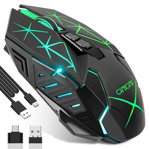 CHONCHOW Rechargeable Wireless Gaming Mouse, Colorful LED Lights, 7 Buttons, USB C Adapter, Up to 3200 DPI, 2.4Ghz Cordless Computer Mice with Side Buttons for PC Laptop Mac Chromebook Windows, Black