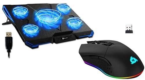 KLIM Cyclone Laptop Cooling Pad 5 Fans Cooler and Blaze Rechargeable Wireless Gaming Mouse RGB Bundle