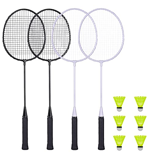 AboveGenius Badminton Rackets Set of 4 for Outdoor Backyard Games, Including 4 Rackets, 6 Nylon Badminton Shuttlecocks, Lightweight Badminton Racquets for Beginners