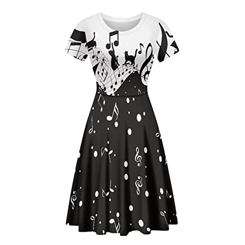POLERO Black Cat Music Note Dress for Music Teacher Music Lovers Women Summer Dress Short Sleeve Skater Dress Black White Print Sundress for Music Festival Party Performance Beach L
