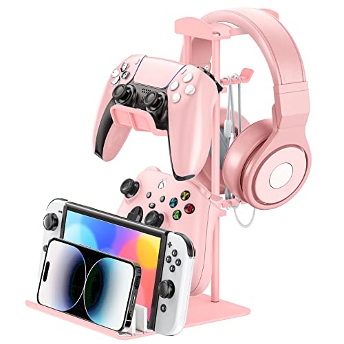 KDD Headphone Stand, Game Controller Holder & Headset Holder for Desk, Earphone Stand with Aluminum Supporting Bar, Universal Storage Organizer Headphones/Controller/Switch/iPad/Mobile Phone(Pink)