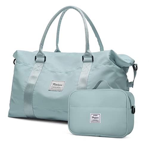 Travel Duffel Bag,Sports Tote Gym Bag,Shoulder Weekender Overnight Bag for Women with Toiletry Bag,Light Blue