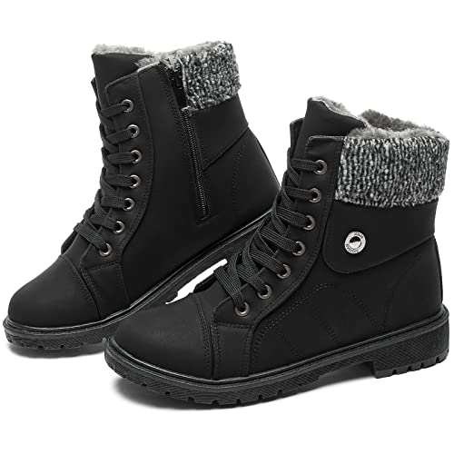 FRACORA Women's PU Leather Combat Boots Warm Fur Lined Black Ankle Booties Side Zipper White Boots Non-slip Waterproof Winter Boots(Black.US11)