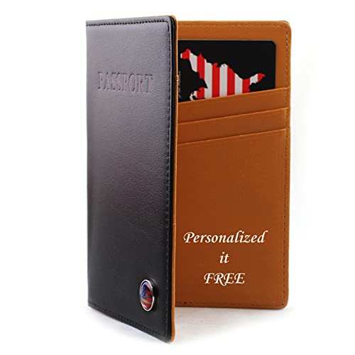 Free Engraving Genuine Leather US Passport Holder, Slim Card Case Cover Travel Gift for Women Mens Rfid Blocking Two Lines Free Customization (Black)
