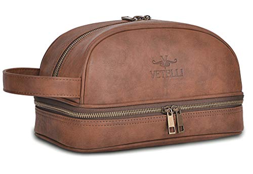 Vetell Classic Men's Leather Toiletry Bag and Dopp Kit with Upper and Lower Zippered Compartments, 2 Mesh Bottle Pouches, and Carrying Handle - The Best Gift for Men.