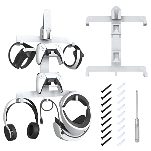 BZlover Wall Mount for PS VR2, Sturdy Steel Wall Bracket for Playstation VR2 Headset, Wall Mount Storage Stand for Game Accessories with Controller Holder and Headphone Hanger Screws, Born for Games