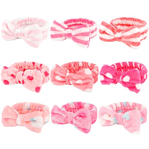 WHAVEL 9 Pack Pink Spa Headband for Washing Face, Makeup Headband Skincare Headbands Face Wash Headband Fluffy Hair Band for Washing Face (B. Pink pattern)