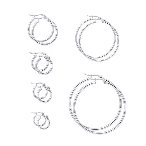 Yanxyad 6 Pairs Stainless Surgical Steel Hoop Earrings Set 316L Small Big Rounded Clasp Hoop Earrings Hypoallergenic Cartilage Tiny Click-Top Lightweight Cute Jewelry For Women Men Girls Gifts（10 12 15 20 40 60mm）