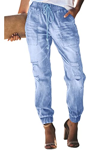 Sidefeel Women's Jeans Cargo Pants Ripped Denim Joggers Elastic Drawstring Waist Trouser Sky Blue Size 12