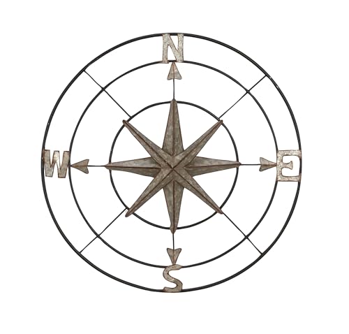 Deco 79 Metal Compass Home Wall Decor Indoor Outdoor Wall Sculpture with Distressed Copper Like Finish, Wall Art 32' x 2' x 32', Gray