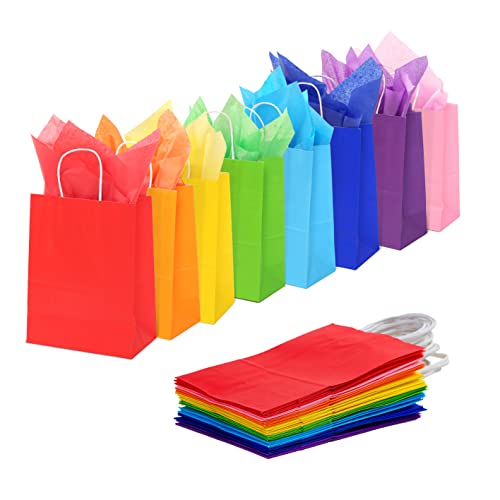 TIMBLESSING24 Pieces of Kraft Paper Party Gift Bags, 8-Color Gift Bags, Small Sizes：6.3 x 3.1 x 8.6 Inch，With tissue paper and Handle, Wedding, Baby Shower, Birthday,Shopping and Party Supplies
