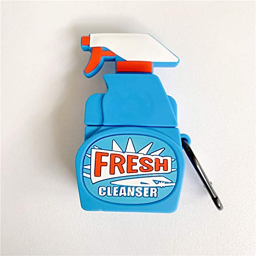 Ultra Thick Soft Silicone Blue Fresh Cleanser Spray Bottle Case with Hook Clip for Apple Airpods 1 2 Wireless Earbuds 3D Cartoon Fun Cool High Fashion Stylish Girls Daughter Boys Kids Gift
