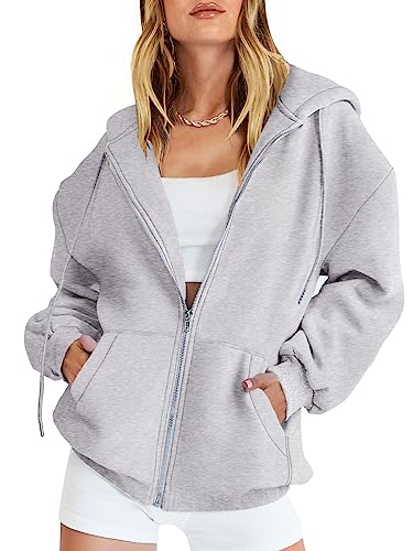 Caracilia Womens Zip Up Hoodies Oversized Long Sleeve Sweatshirts Y2K Hoodie for Teen Girls 2024 Fall Jacket Preppy Clothes Light Grey Small