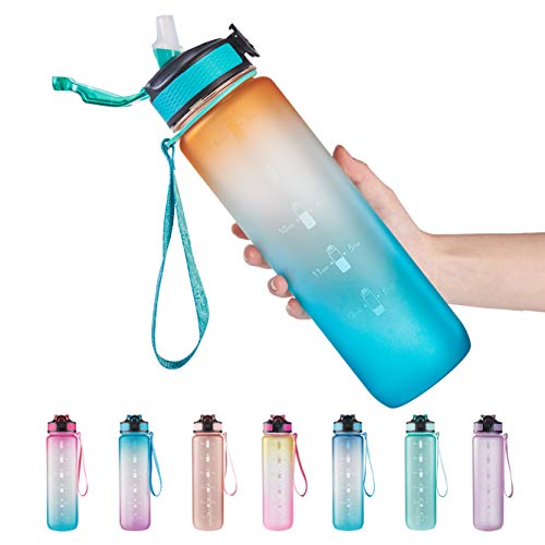EYQ 32 oz Water Bottle with Time Marker, Carry Strap, Leak-Proof Tritan BPA-Free, Ensure You Drink Enough Water for Fitness, Gym, Camping, Outdoor Sports (Orange/Green Gradient)