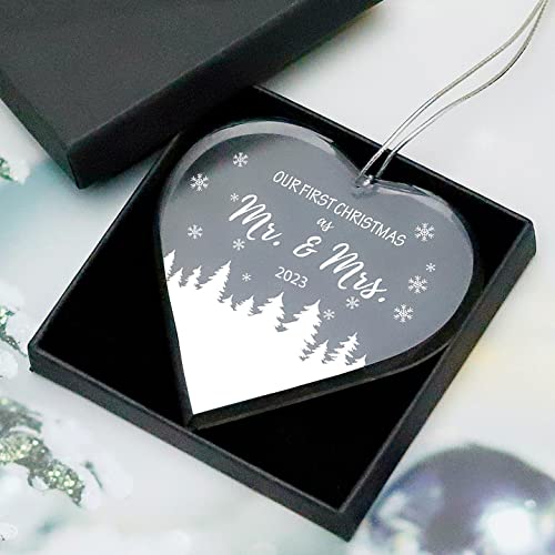 FKOG Heart Shape Glass Our First Christmas As Mr & Mrs Ornament 2023, Mr & Mrs Newlywed Wedding Just Married Christmas Tree Decoration Ornaments Ideas (Mr & Mrs Gifts 2023)