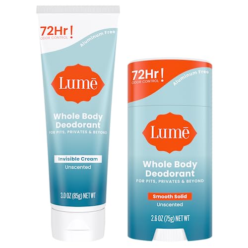 Lume Whole Body Deodorant - Invisible Cream Tube and Solid Stick - 72 Hour Odor Control - Aluminum Free, Baking Soda Free, Skin Safe - 3.0 Ounce Tube and 2.6 Ounce Solid Stick Bundle (Unscented)